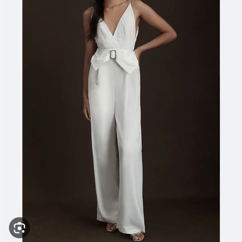 Anthropologie Ronny Kobo Nole ivory DEEP-V BELTED WIDE-LEG JUMPSUIT‎ XL nwt